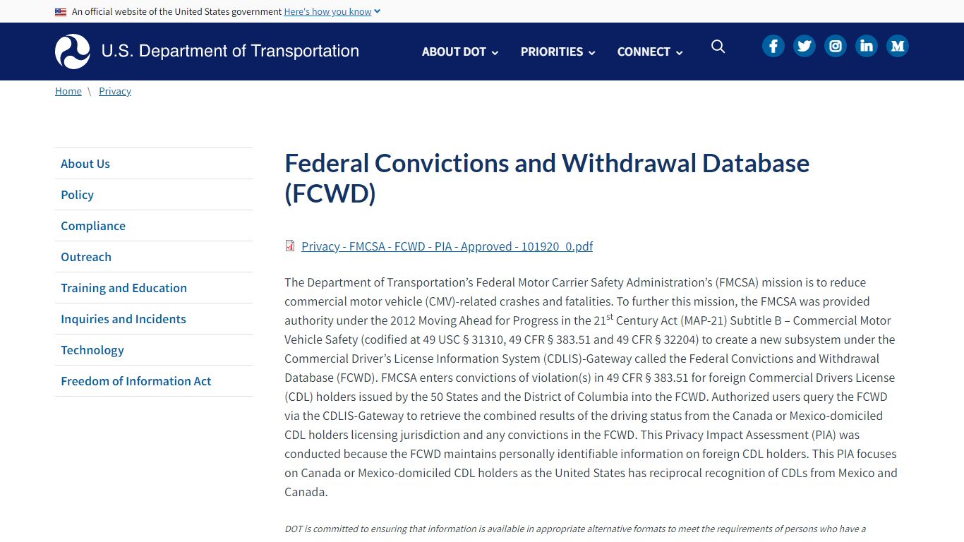 Federal Convictions and Withdrawal Database (FCWD)